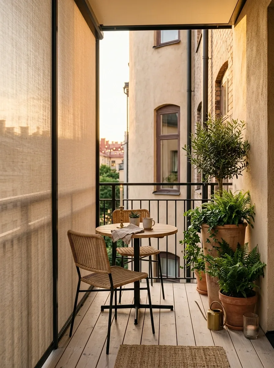 Tiny Balcony With Retractable Privacy Screen and Bistro Table