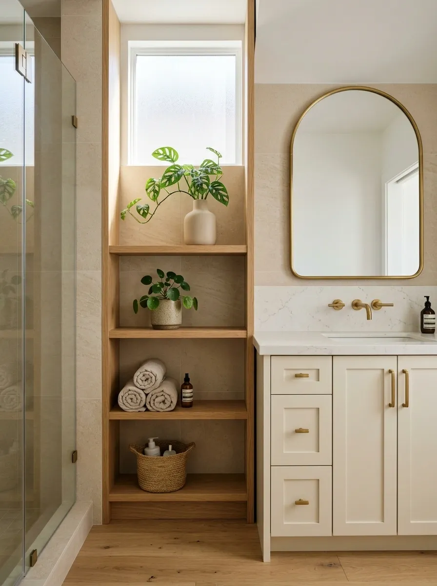 Tiny Bathroom With a Tall Open Plant Shelf