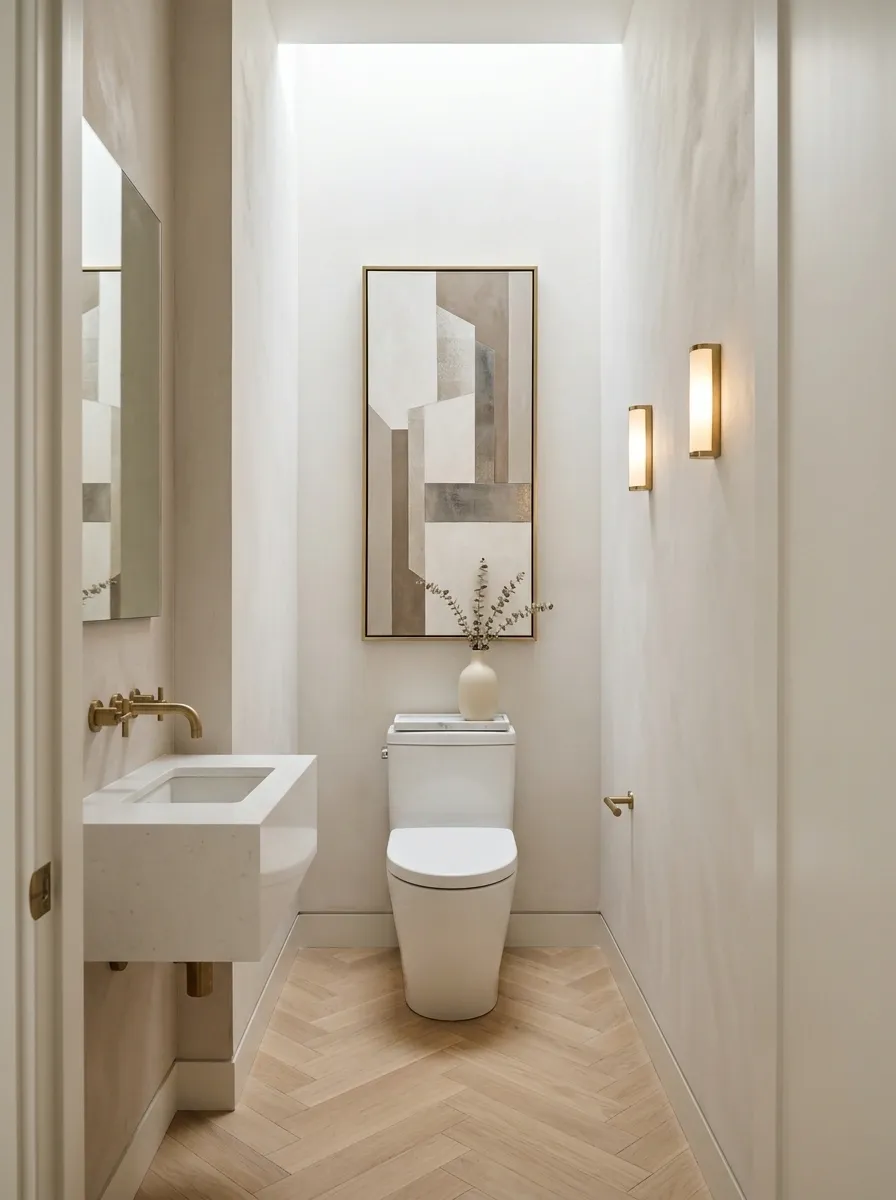 Tiny Bathroom With Vertical Artwork and Minimal Accessories