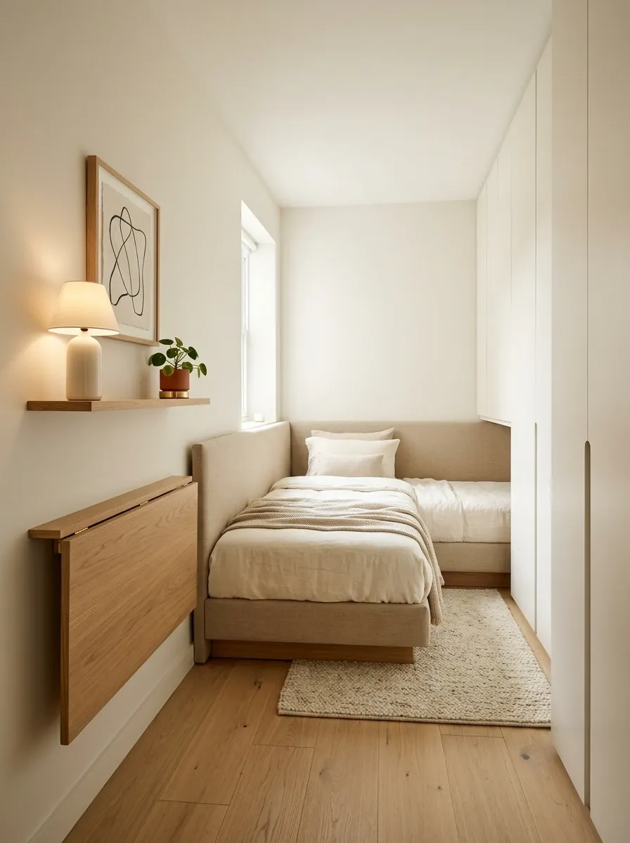 Tiny Bedroom With Daybed, Tall Storage, and Foldaway Desk