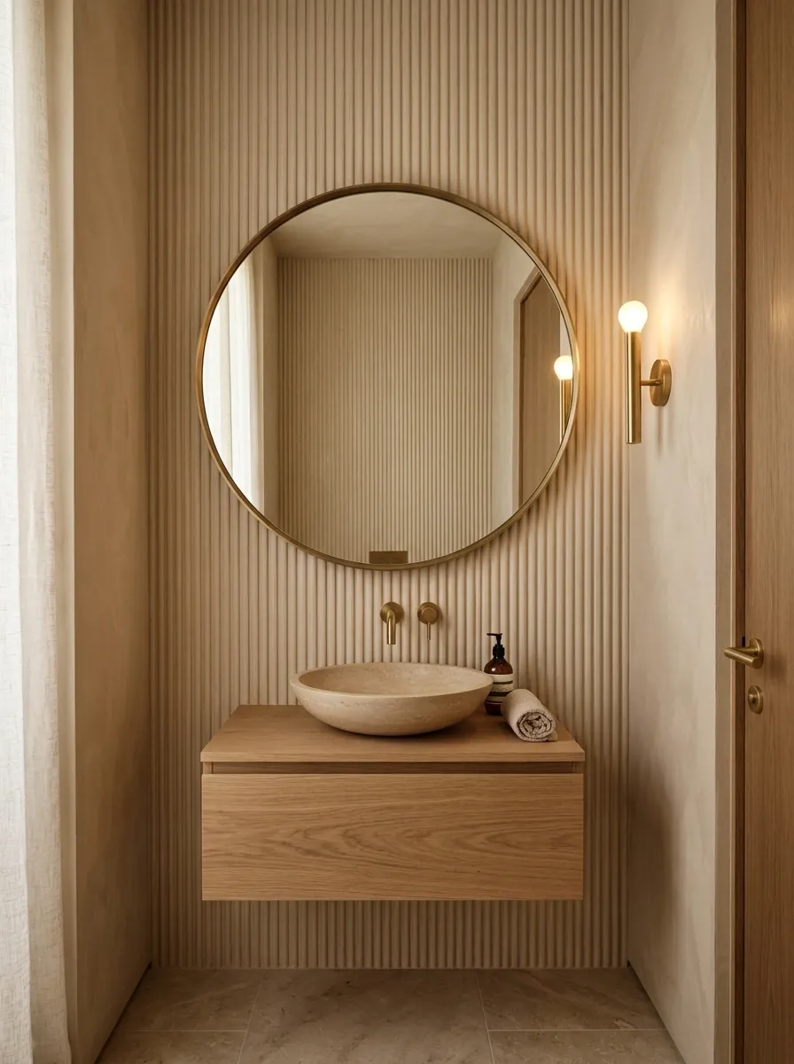 Tiny Beige Powder Room With Fluted Walls and a Stone Basin