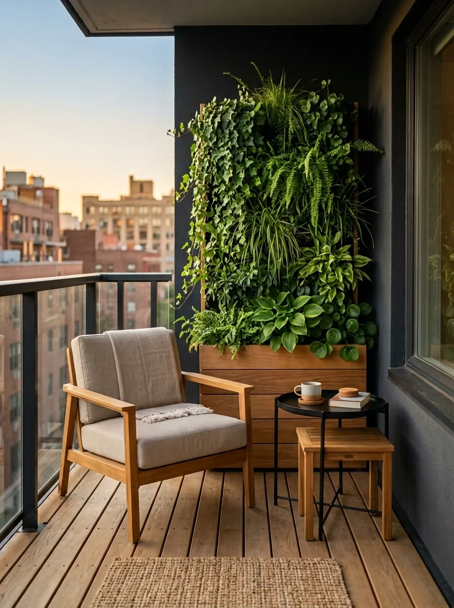 Tiny Deck With Vertical Planters and One Compact Seating Nook