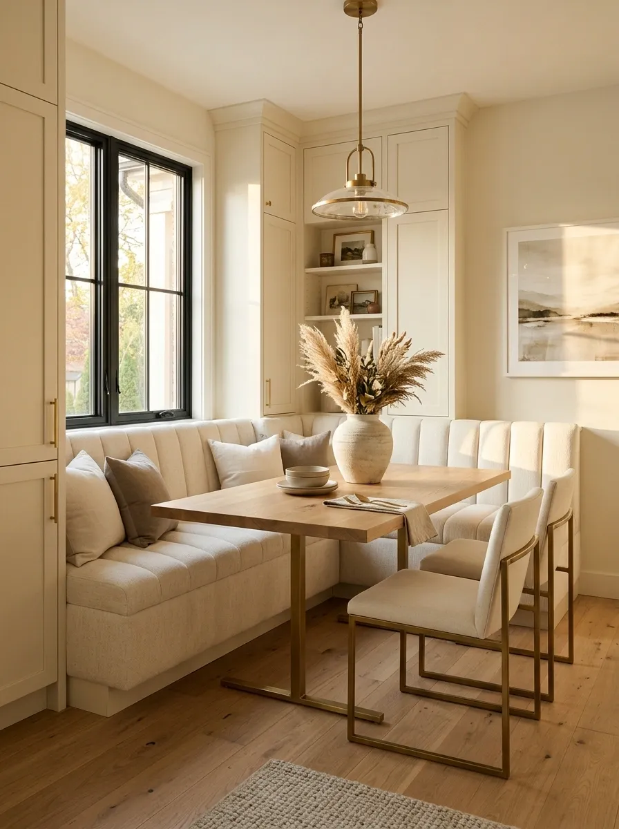 Tiny Dining Room With Built-In Corner Bench and Rectangular Table