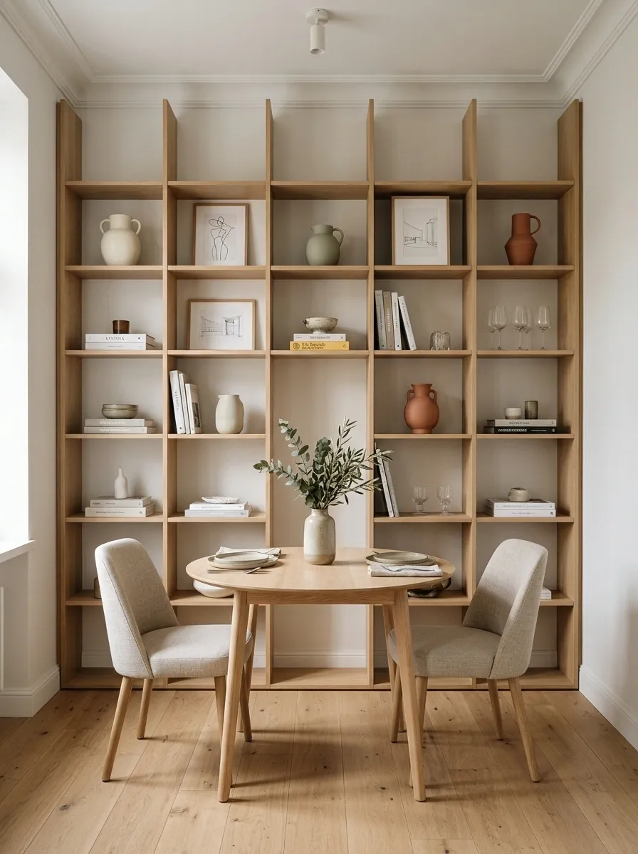 Tiny Dining Room With Floor-to-Ceiling Shelving and Centered Table