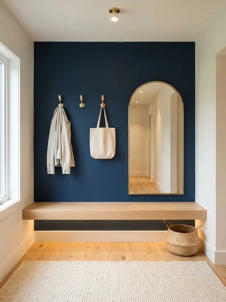 Tiny Entryway With a Deep Blue Wall and Pale Oak Bench