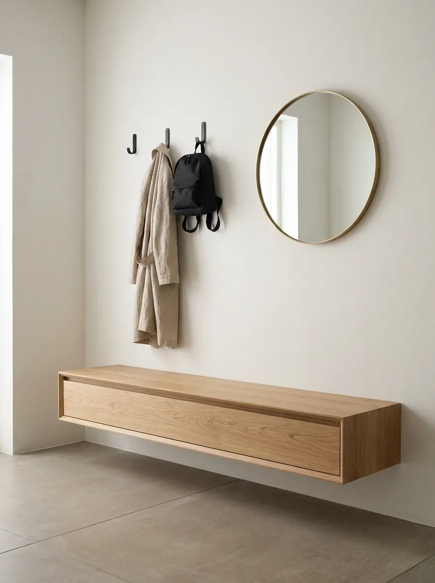 Tiny Entryway With a Hidden Shoe Drawer Under a Floating Bench