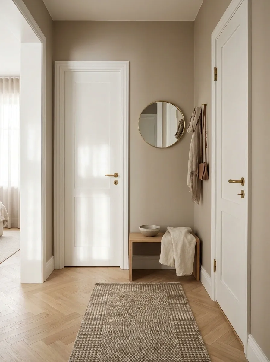 Tiny Entryway With a Narrow Bench Between Two Doorways