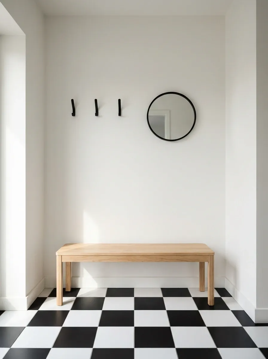 Tiny Entryway With a Narrow Black-and-White Checkerboard Floor
