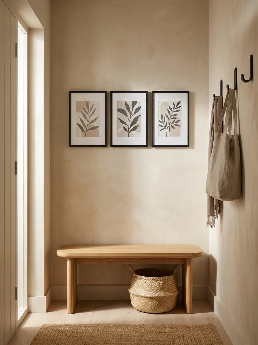 Tiny Entryway With a Narrow Gallery Wall Above a Bench
