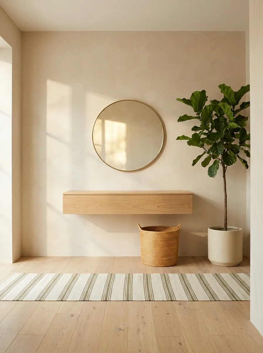 Tiny Entryway With a Single Tall Plant and Natural Wood Furniture