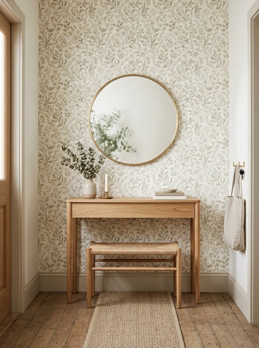 Tiny Entryway With Soft Small-Scale Floral Wallpaper