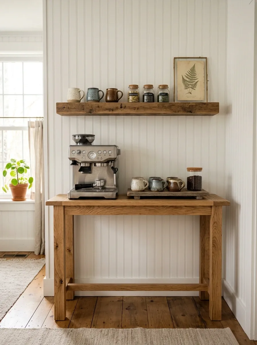 Tiny Farmhouse Coffee Station on a Console Table
