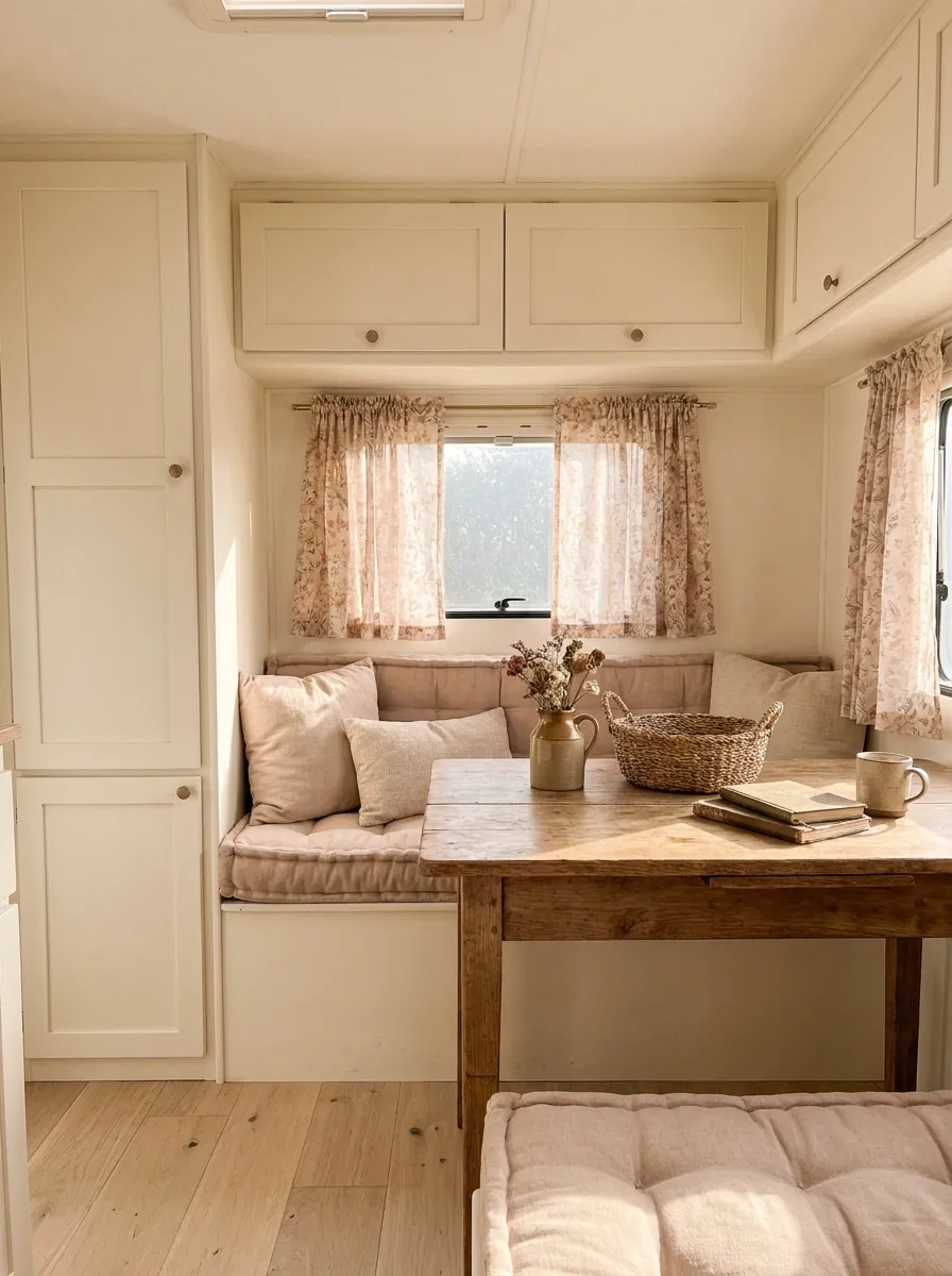 Tiny Floral Curtains in a Soft Cottage Camper