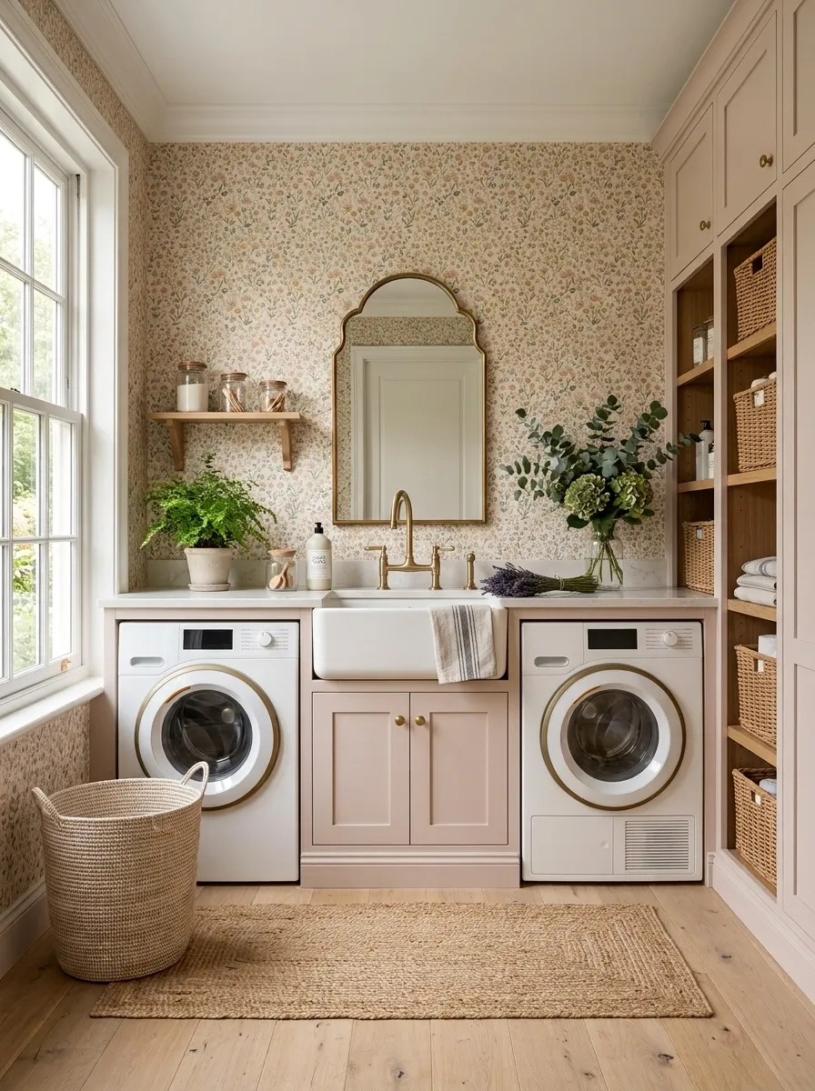 Tiny Floral Wallpaper With Pale Pink Cabinetry