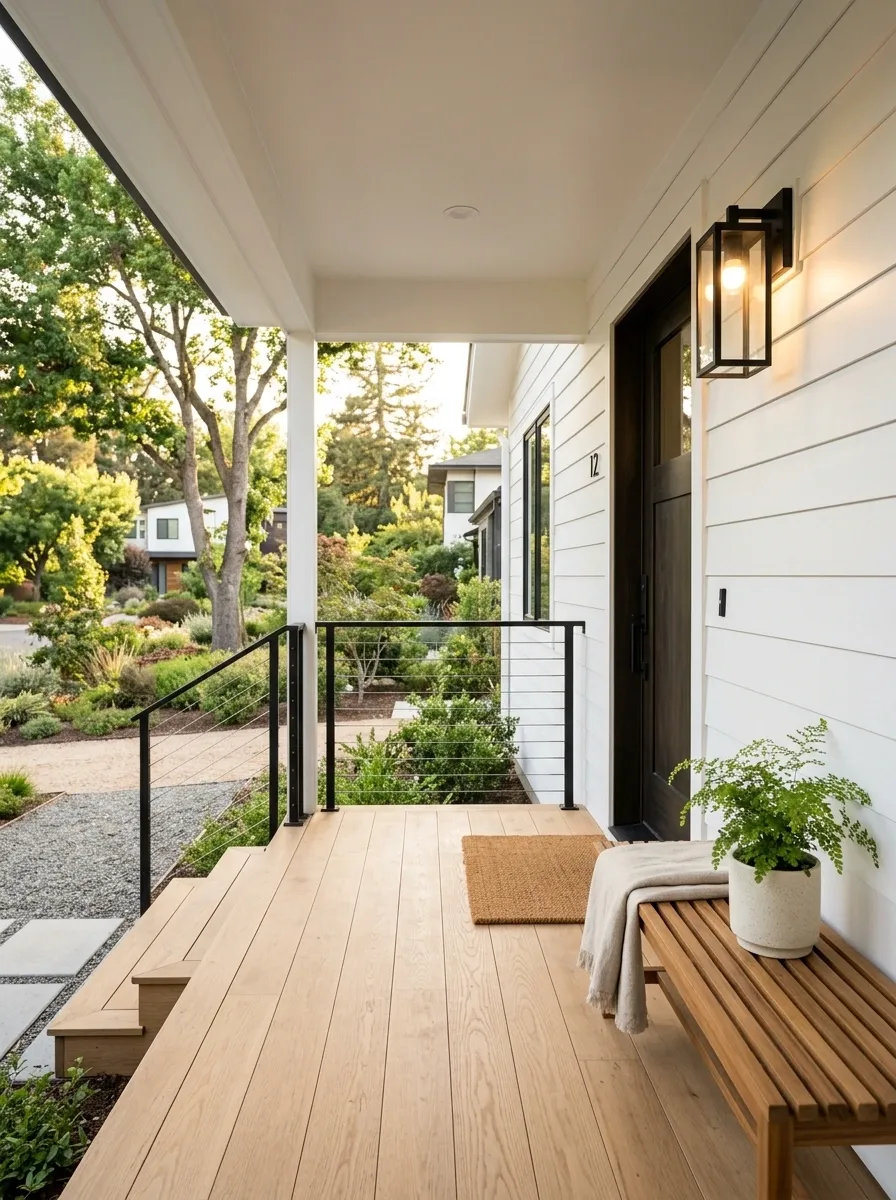 Tiny Front Porch With Open Black Cable Railings