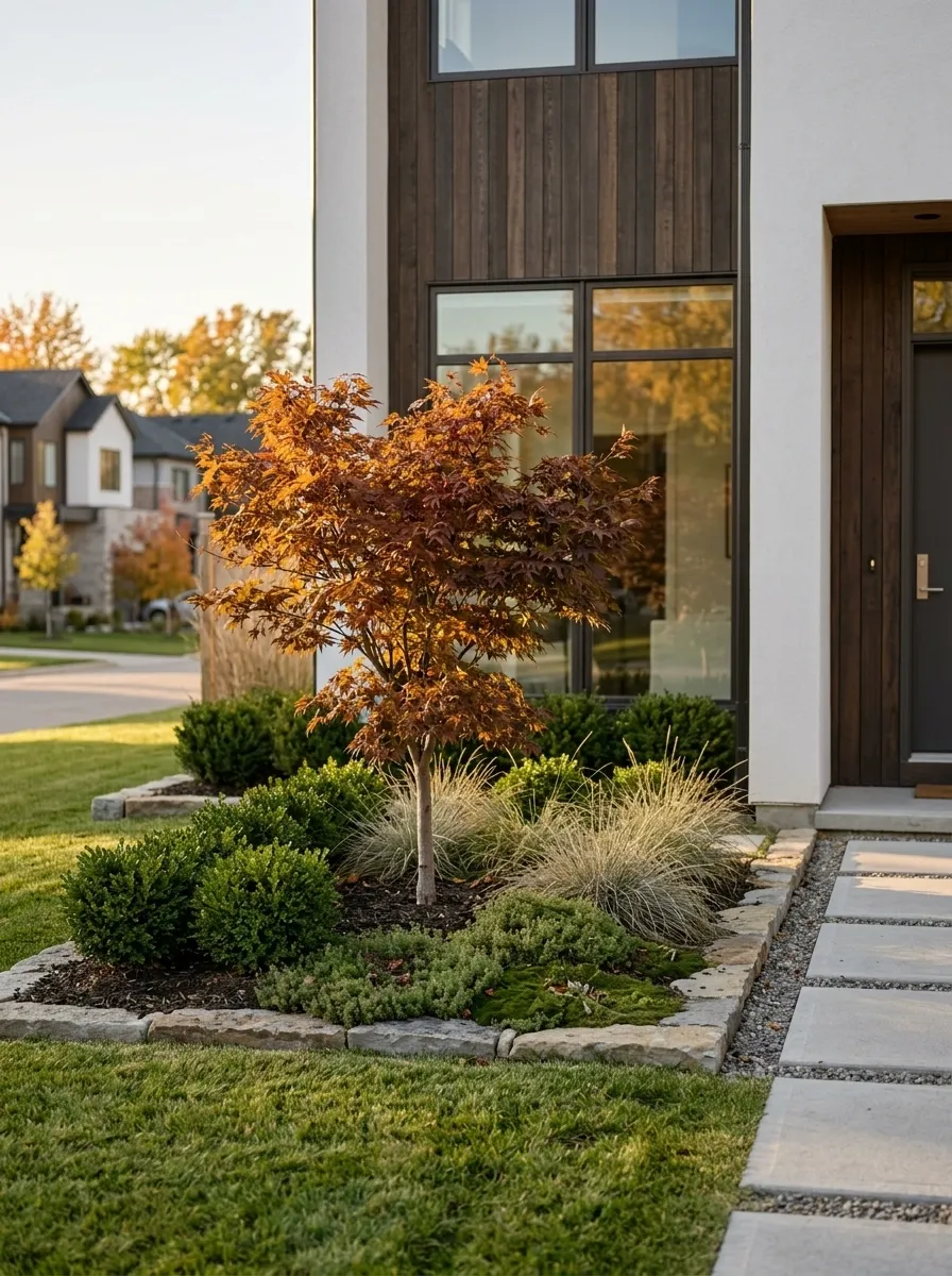 Tiny Front Yard With a Single Statement Tree
