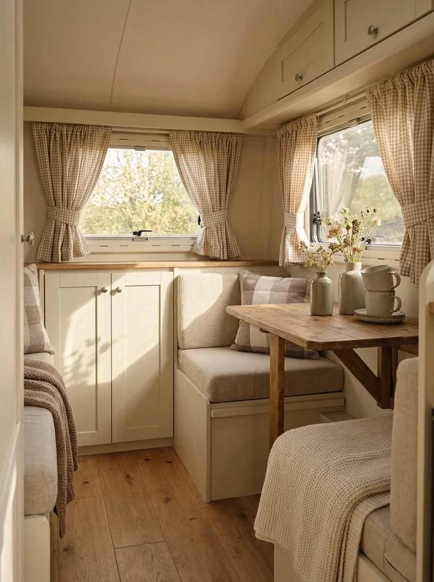 Tiny Gingham Curtains in a Cozy Compact Camper
