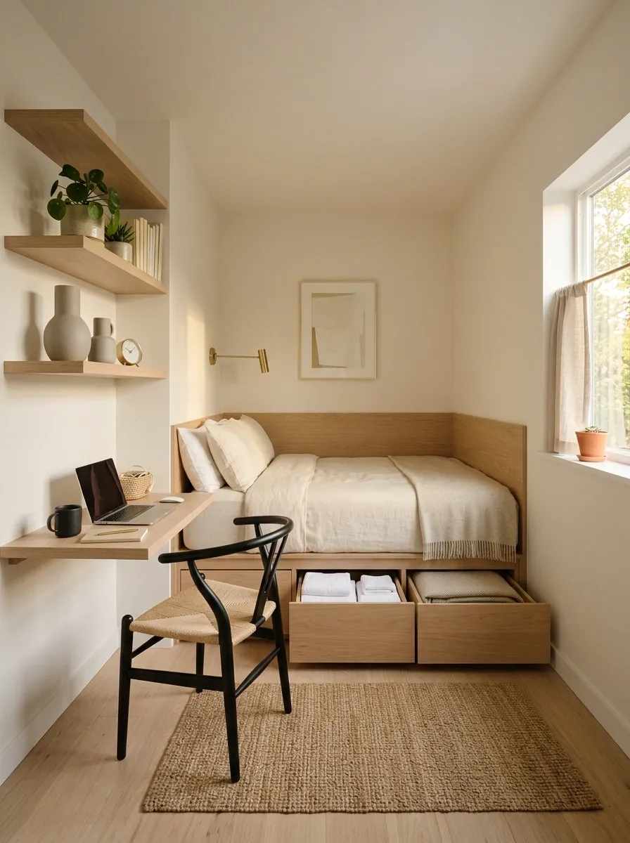 Tiny Guest Room With a Narrow Desk and Storage Bed