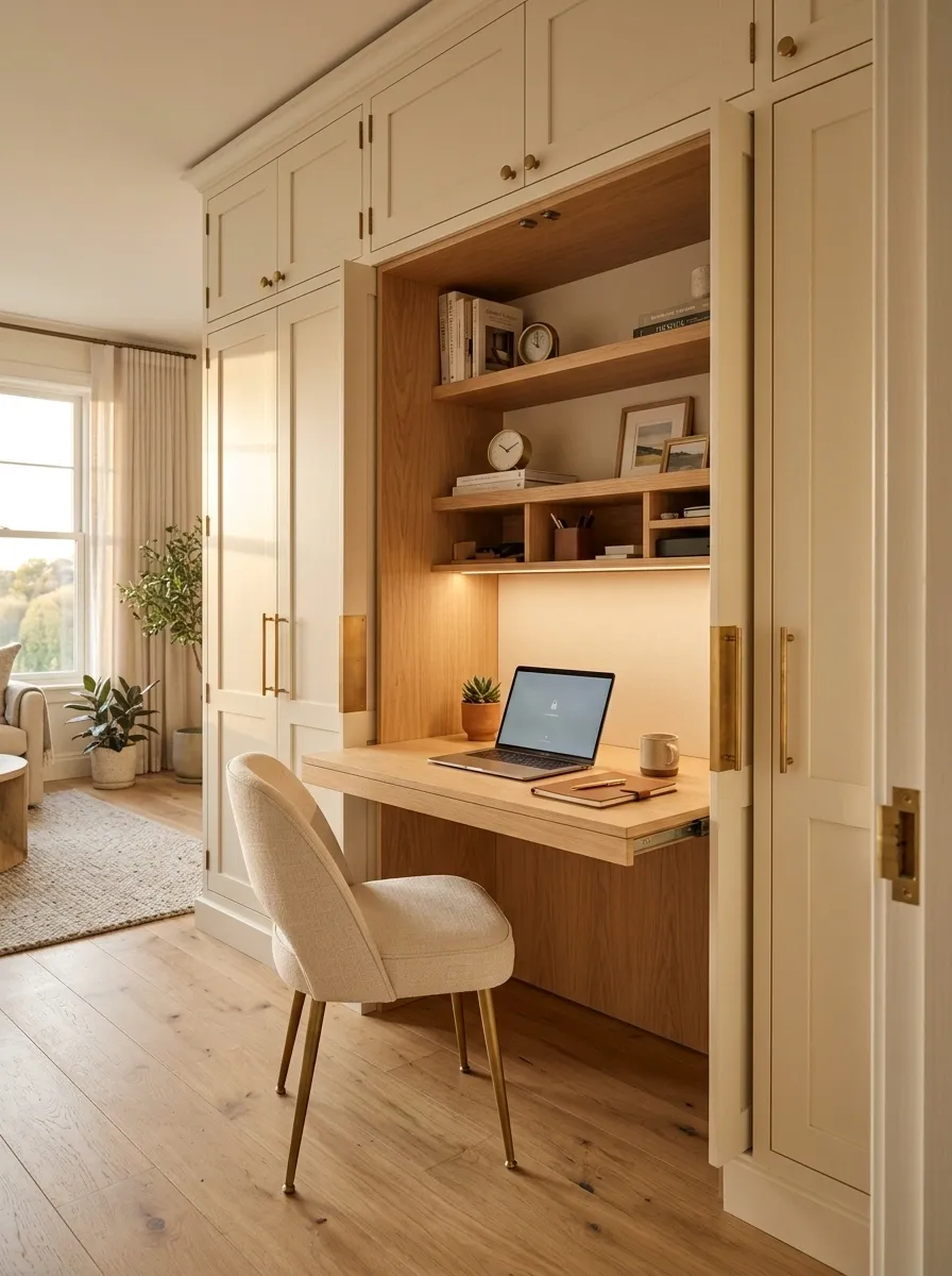 Tiny Home Office With a Foldaway Desk Wall