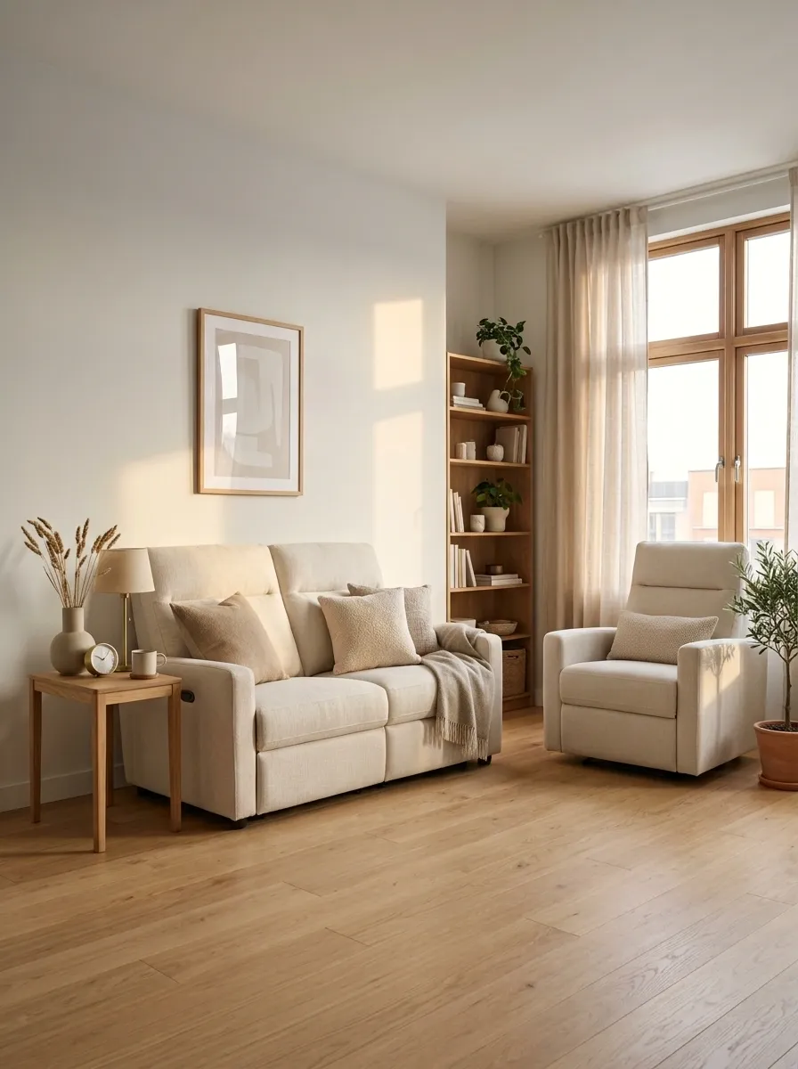 Tiny Living Room With a Sofa-Recliner Combination