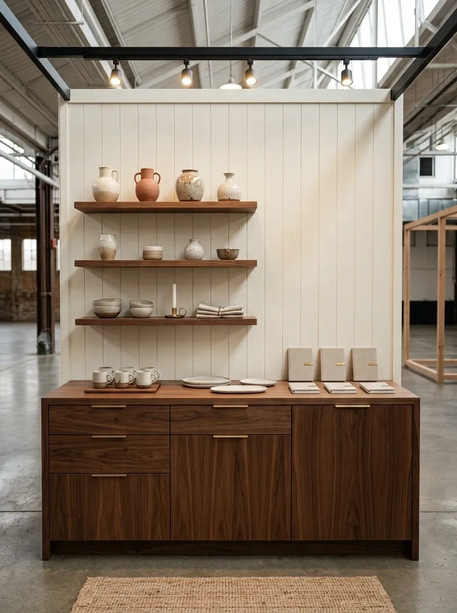 Tiny Luxury Boutique Booth With Cream, Walnut, and Brass