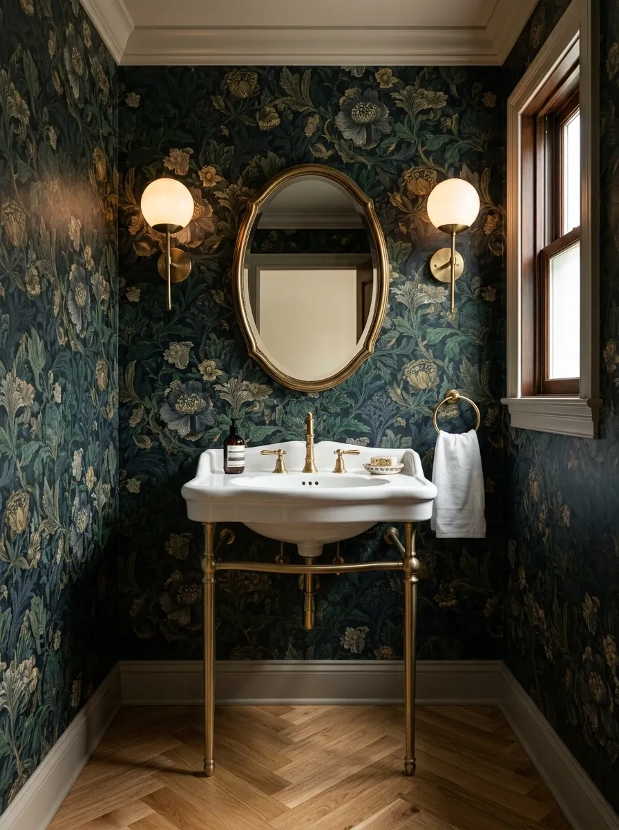 Tiny Powder Room With Pedestal Sink and Dramatic Wallpaper