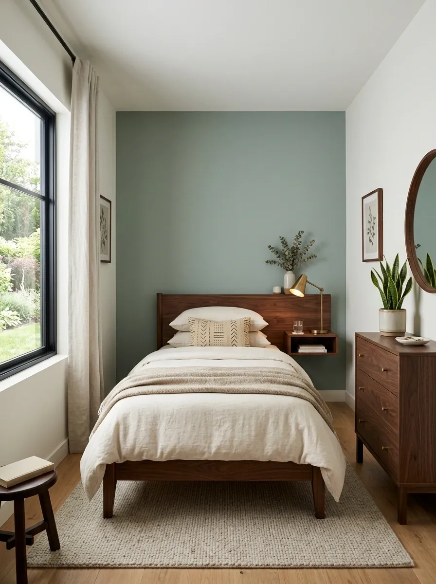 Tiny Sage Green Bedroom With Walnut Furniture