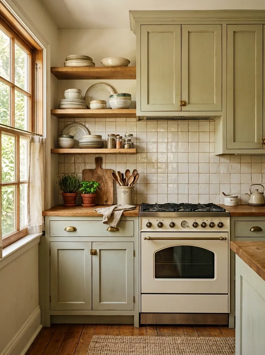 Tiny Vintage Apartment Kitchen With Sage and Open Shelving