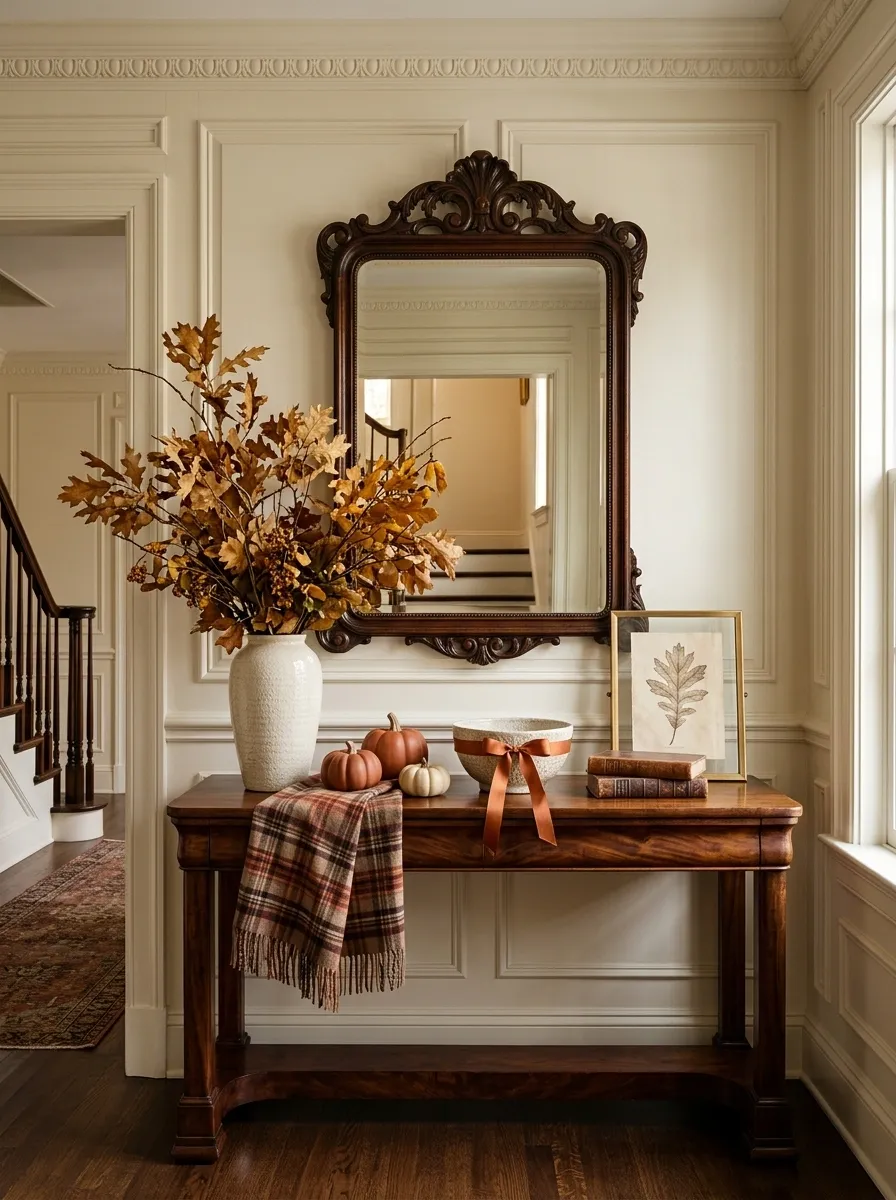 Traditional Autumn Entry With Plaid, Mahogany, and Muted Orange