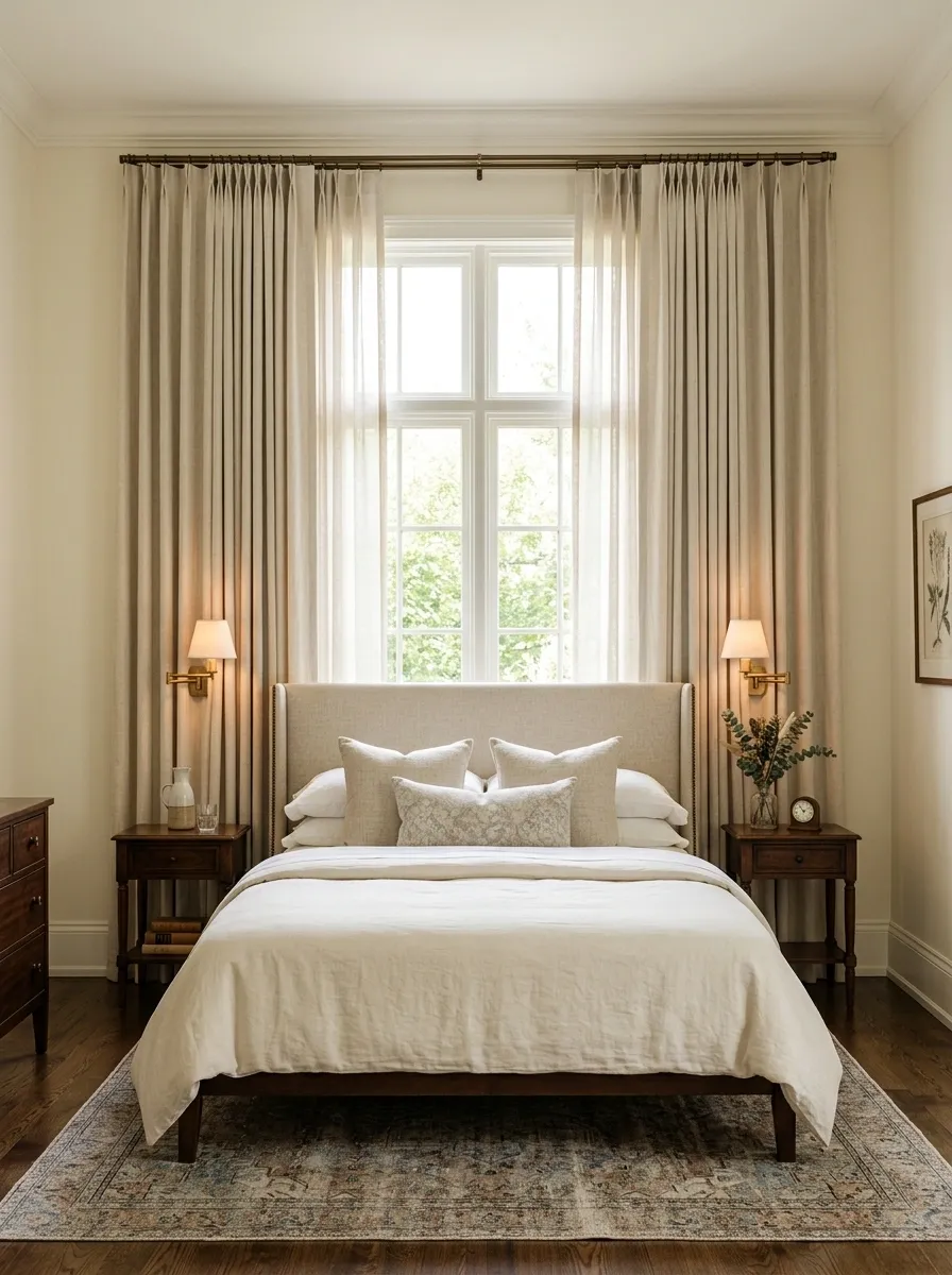 Traditional Bedroom With a Layered Curtain Wall Behind the Bed