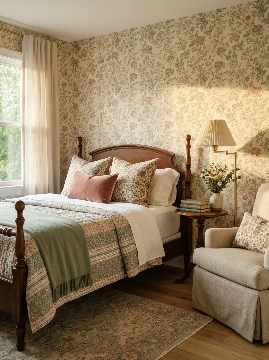 Traditional Bedroom With Wallpaper, a Patterned Quilt, and a Reading Chair