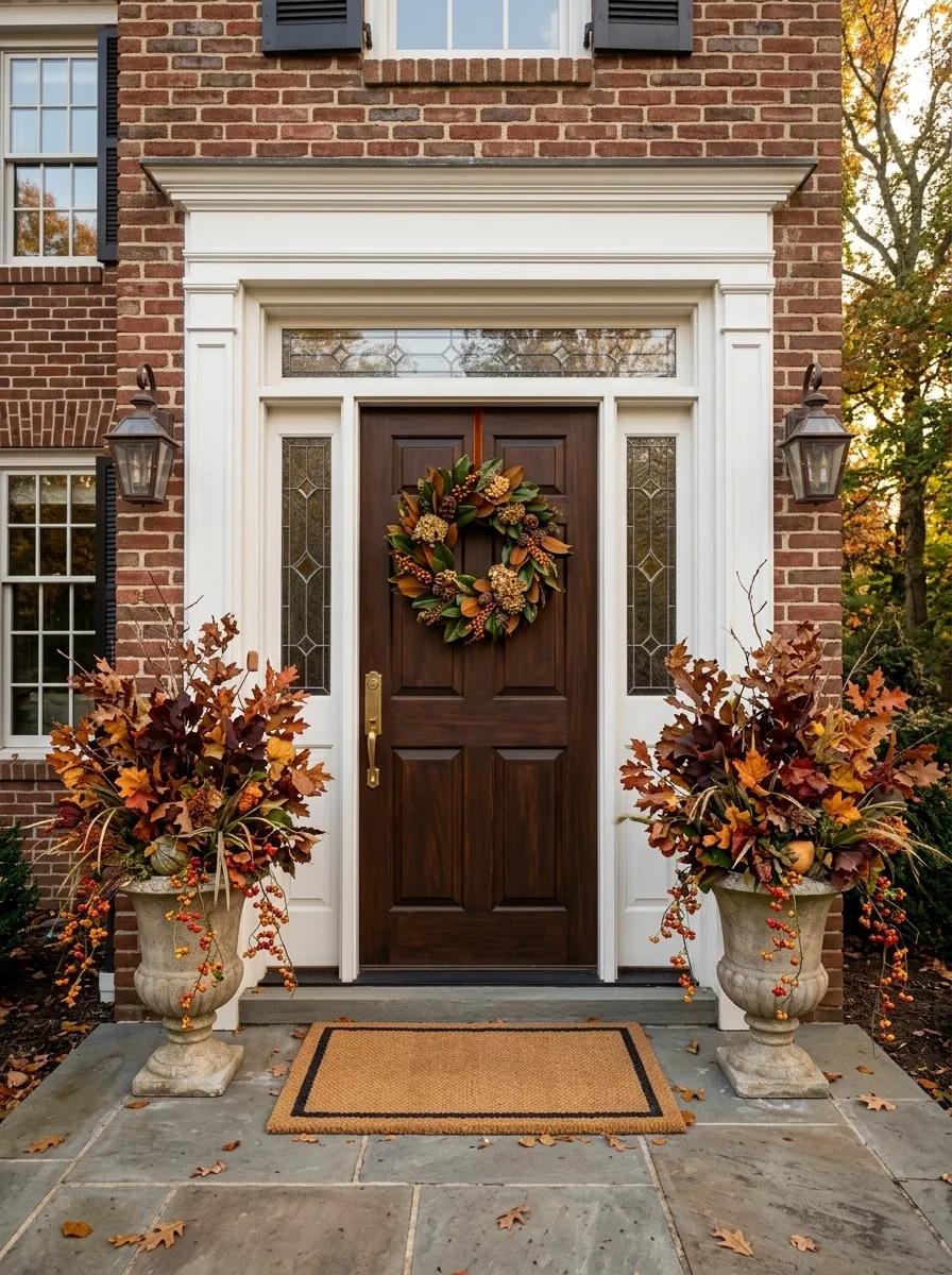 Traditional Brick Entry With Symmetrical Autumn Containers