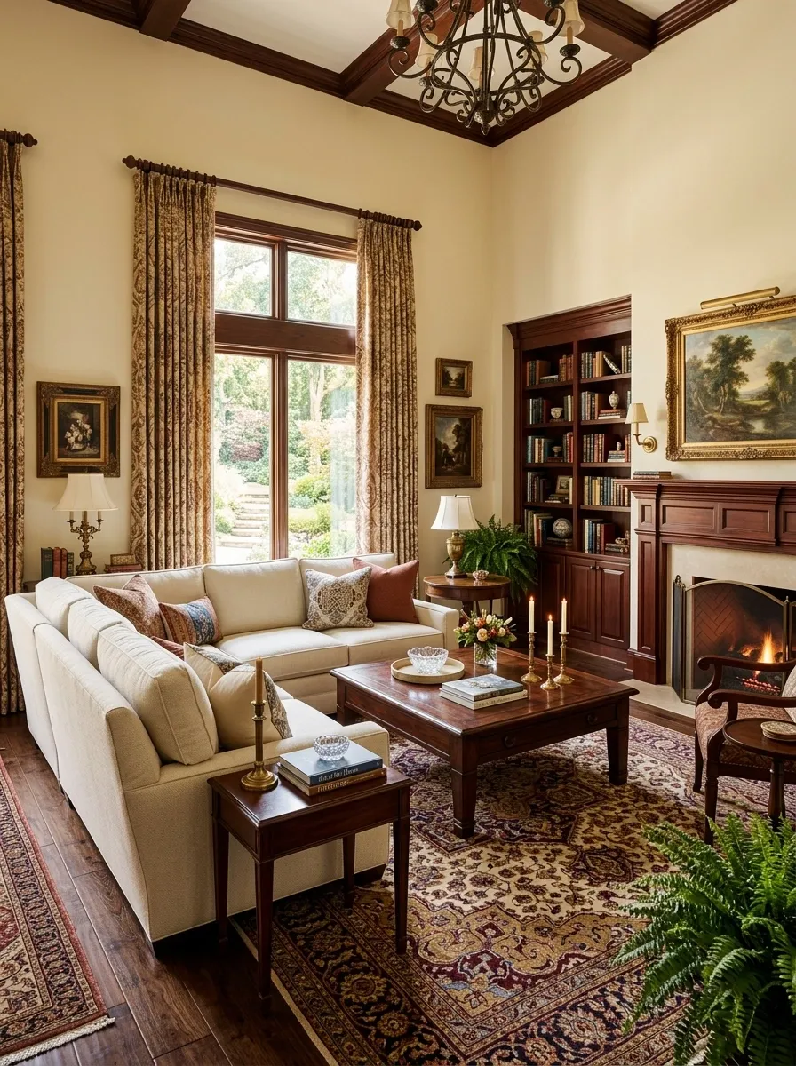 Traditional Corner Sofa With Patterned Curtains and Warm Mahogany