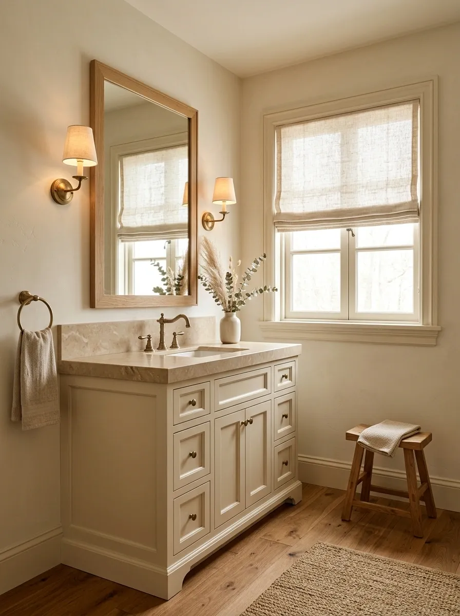 Traditional Cream Bathroom With Linen, Oak, and Soft Brass
