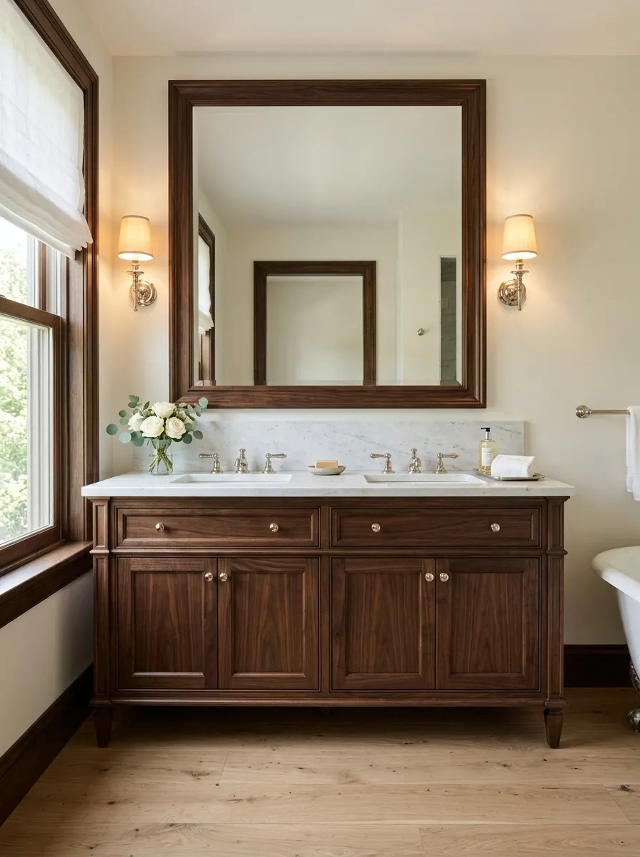 Traditional Dark Walnut Vanity With Framed Mirror