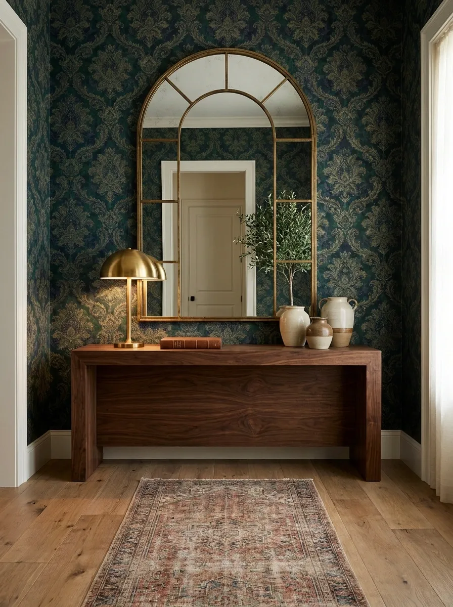 Traditional Entryway With Damask Wallpaper and Walnut Furniture
