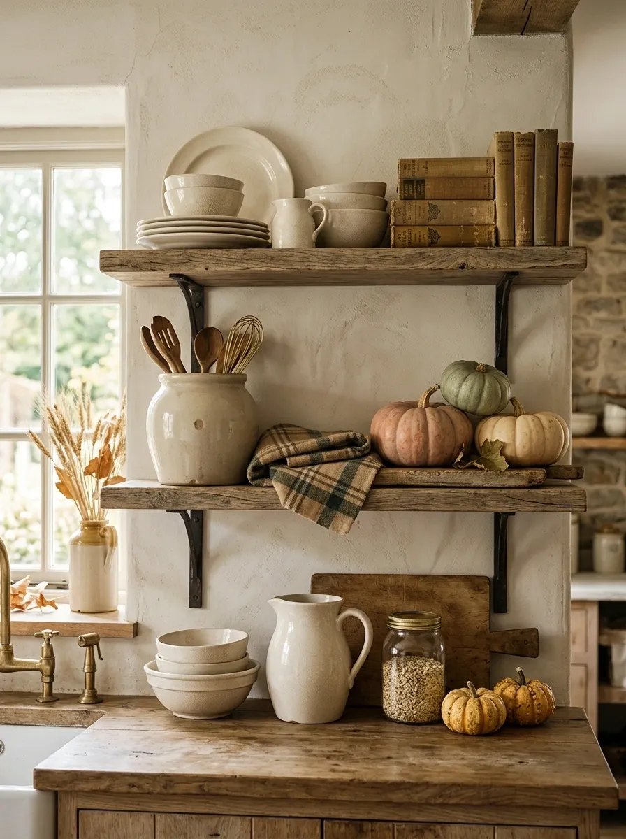Traditional Farmhouse Shelf With Crockery, Plaid, and Muted Pumpkins