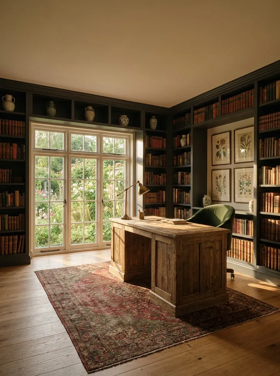 Traditional Garden Office With Built-In Bookcases