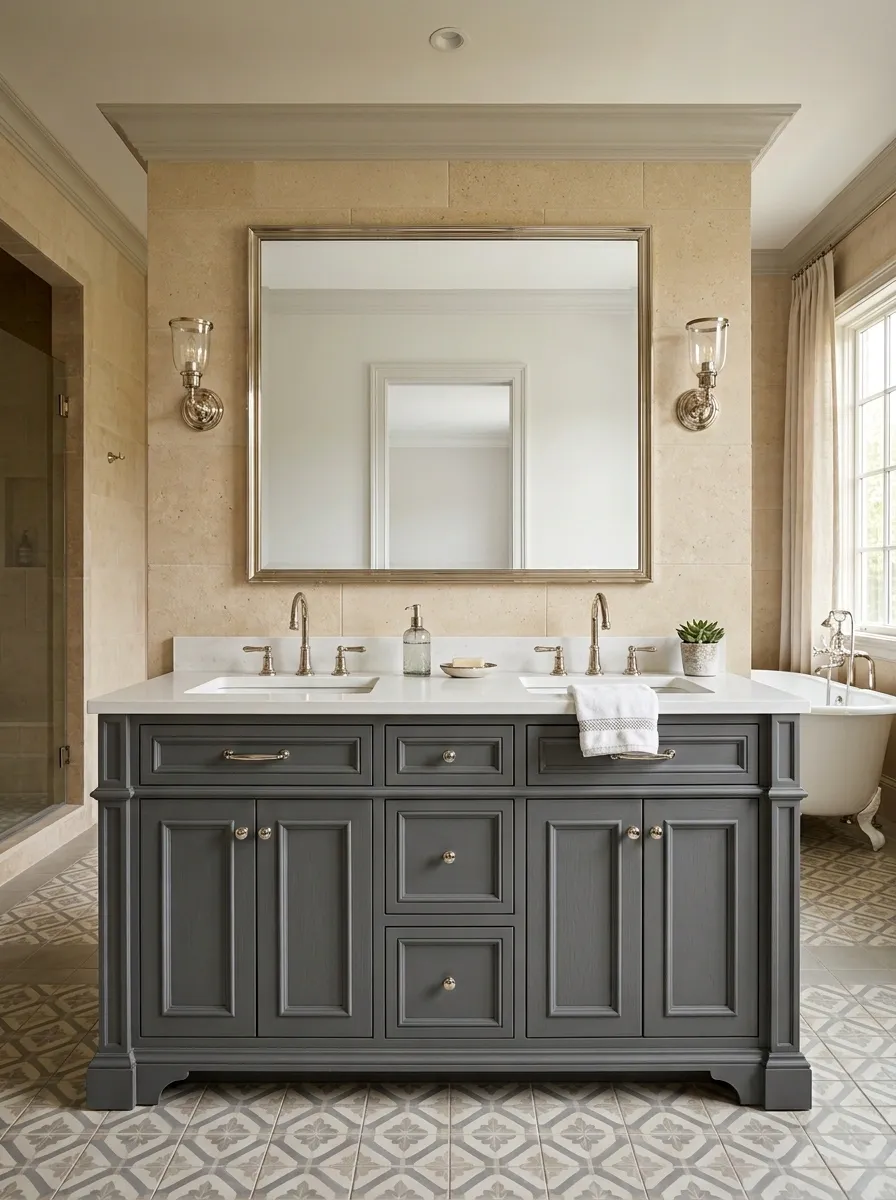 Traditional Grey Vanity With Beige Limestone Walls