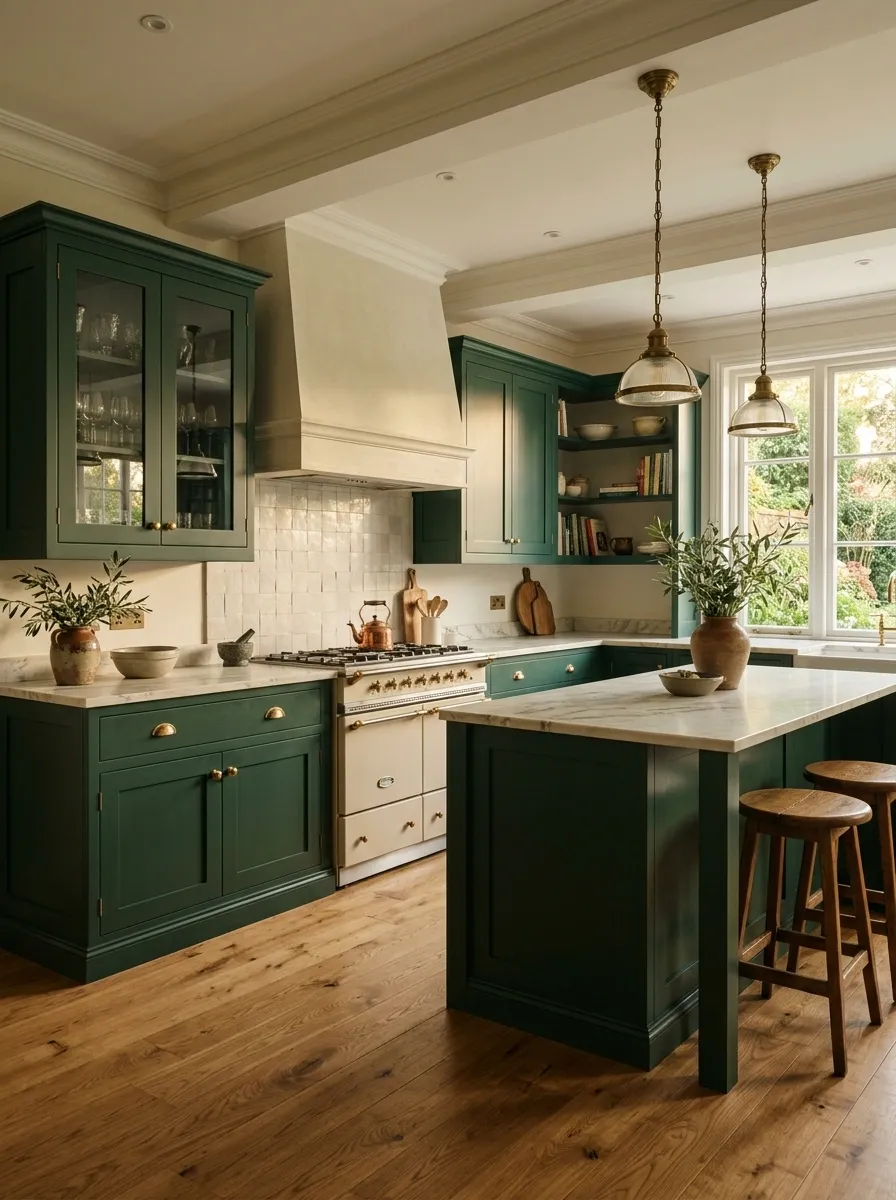 Traditional Hunter Green Kitchen With Cream Marble and Oak Floors