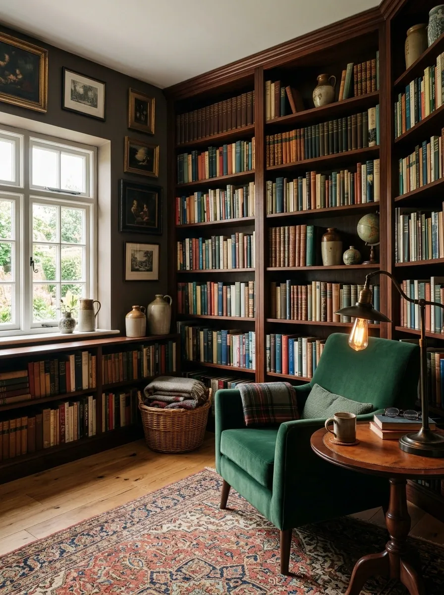 Traditional Library With Dark Wood and Antique-Inspired Details