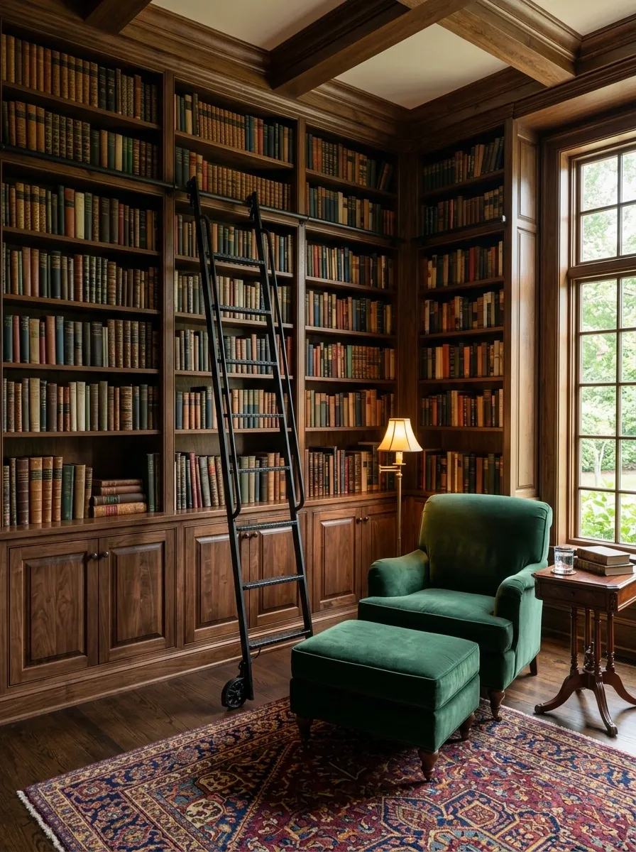 Traditional Library With Ladder, Paneling, and Green Reading Chair
