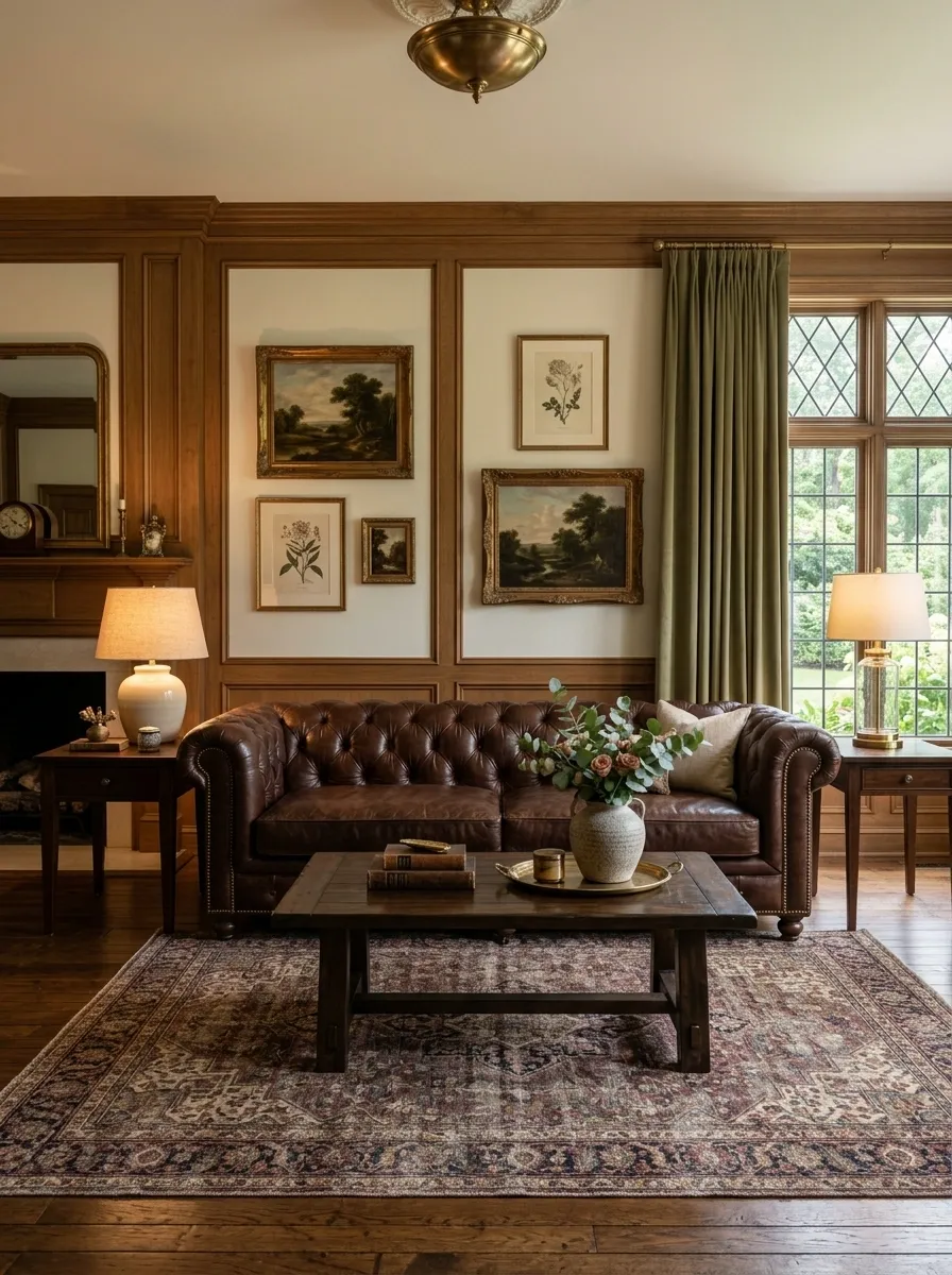 Traditional Living Room With a Brown Tufted Sofa