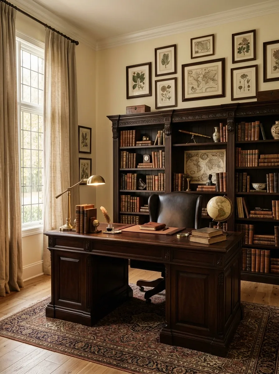 Traditional Office With Mahogany Desk and Cream Walls