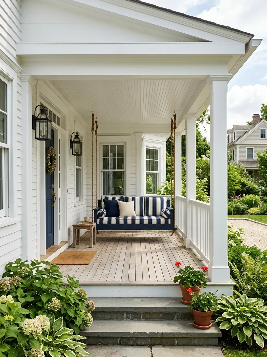 Traditional Porch With Navy Swing and Striped Cushions