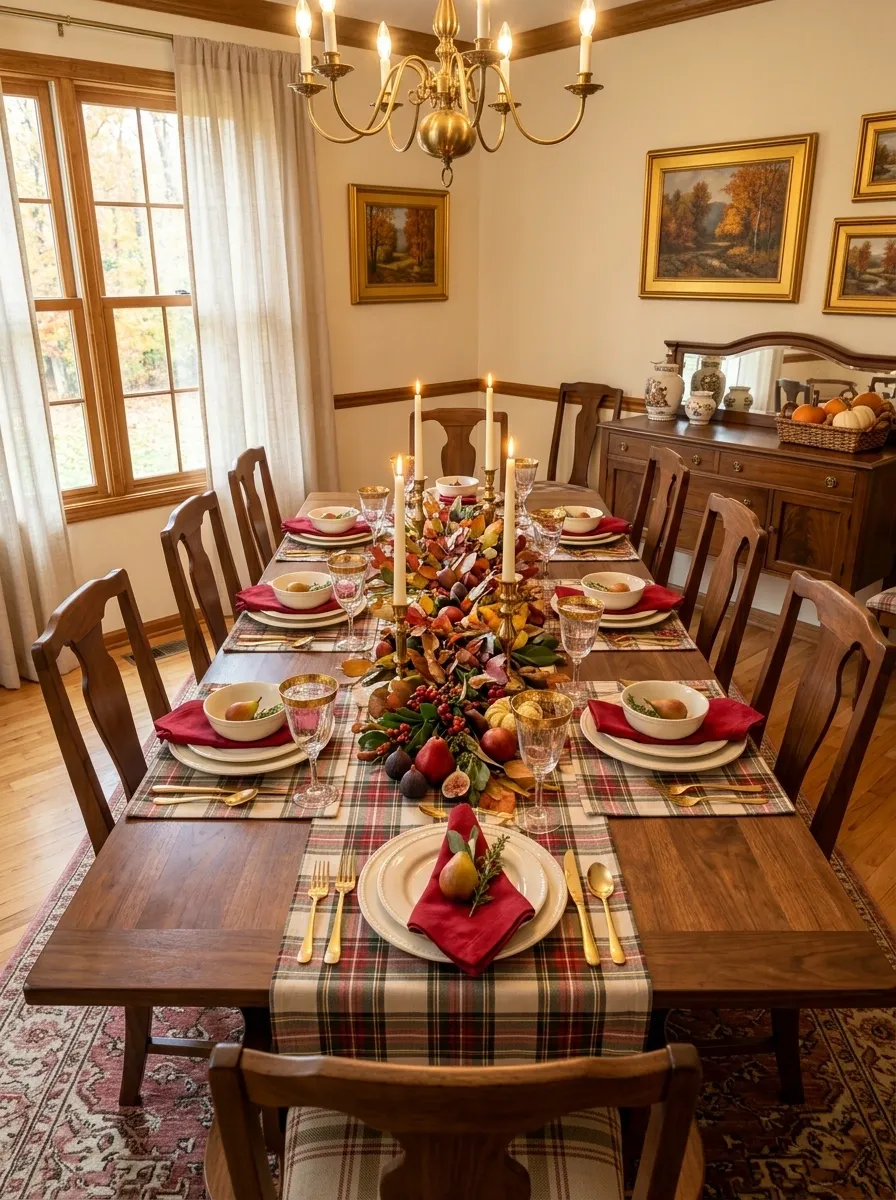 Traditional Red and Tartan Fall Dining Room
