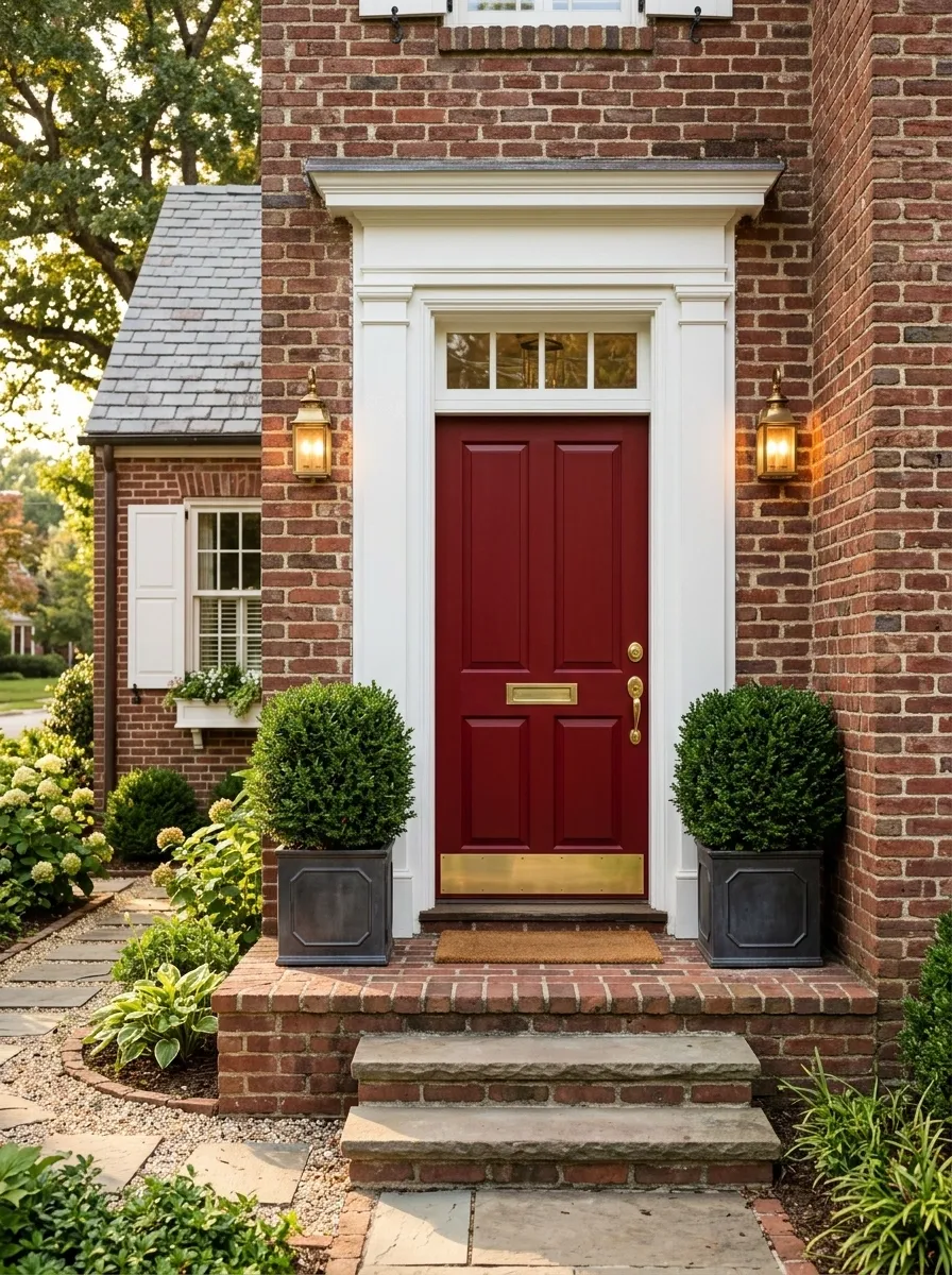Traditional Red Door With Brick Entry