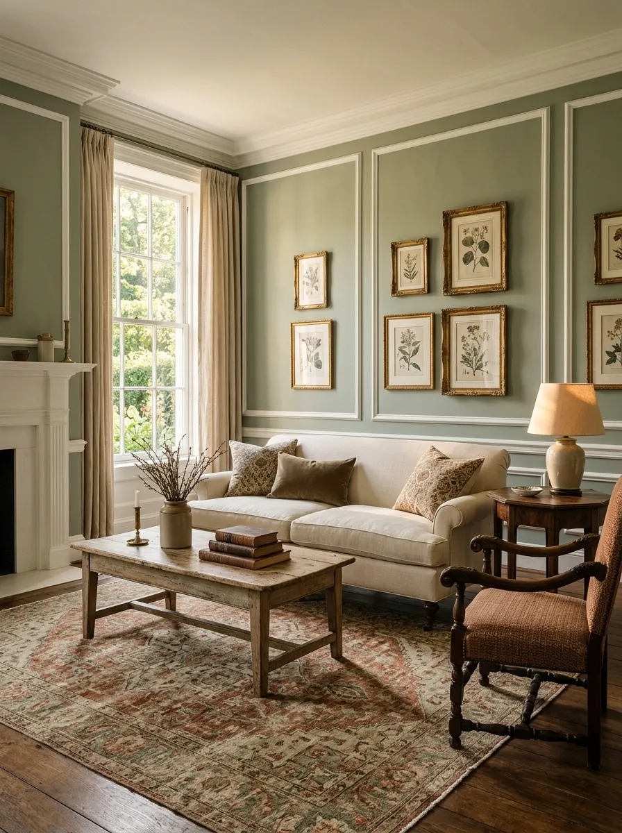 Traditional Sage Living Room With White Trim and Antique Details