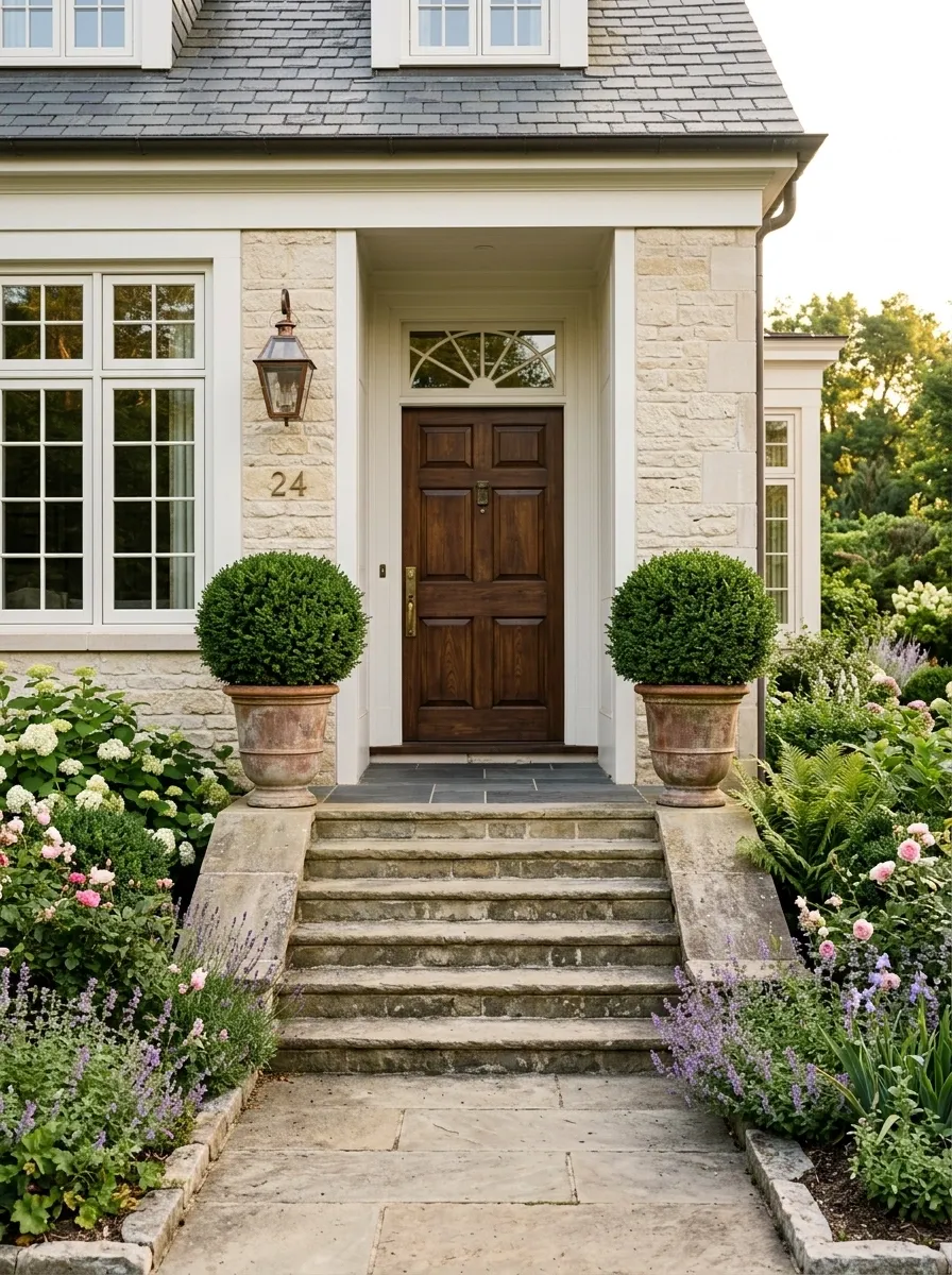 Traditional Steps With Boxwood Framing