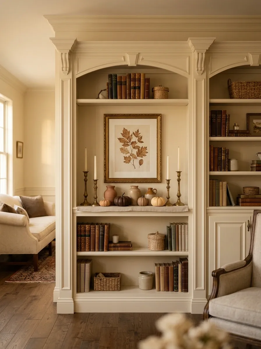 Traditional Symmetrical Shelf With Candlesticks, Artwork, and Pumpkins